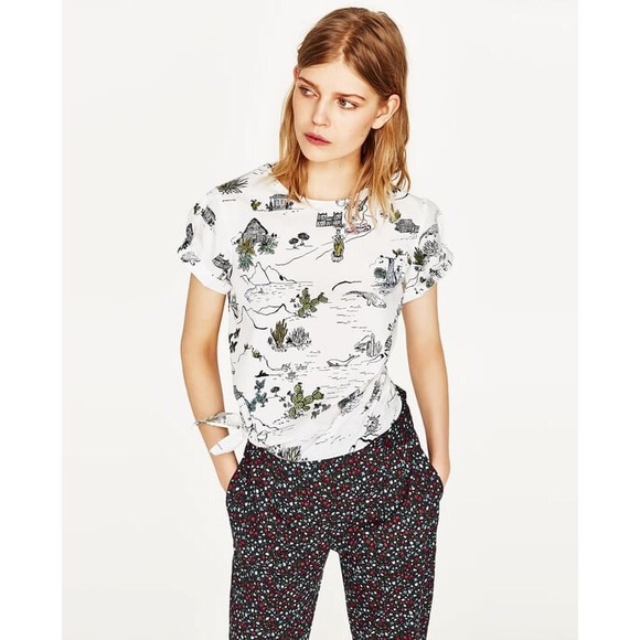 Zara Tops - Zara Cactus Mountain Tide Printed Cuffed Tied Top Zara Tops - Zara Cactus Mountain Tide Printed Cuffed Tied Top